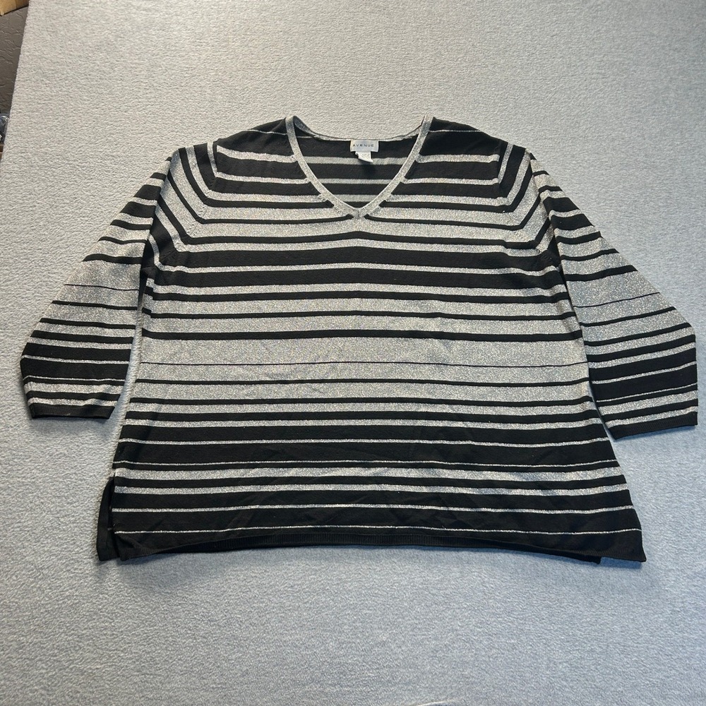 Avenue 3/4 Sleeve Sweater Womens 26/28 Black Gray Metallic Stripe V-Neck Knit
